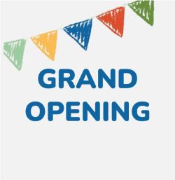 Grand Opening with colorful pennant banner